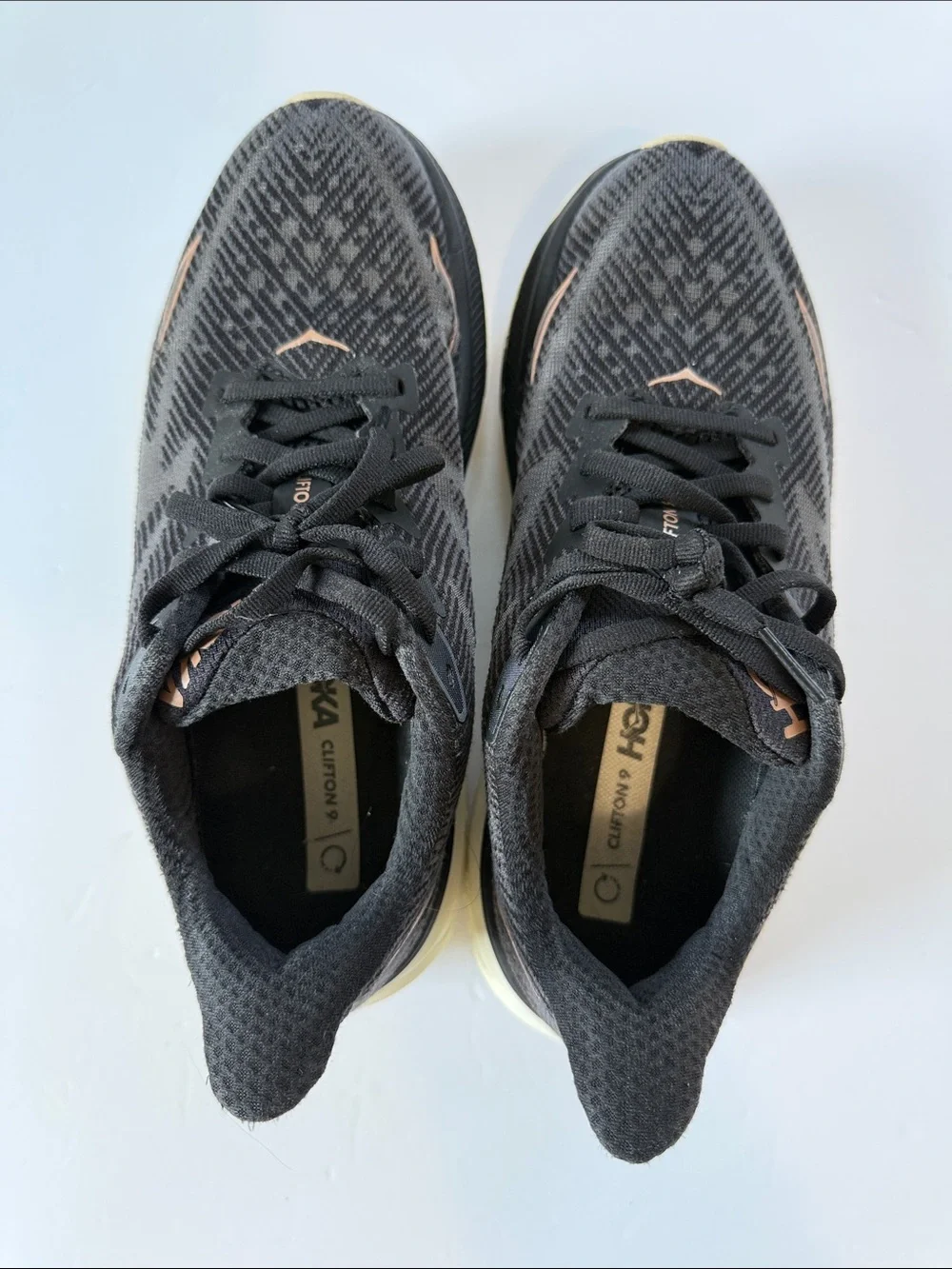 Hoka Women's Black Athletic Shoes with Rose Gold Logo